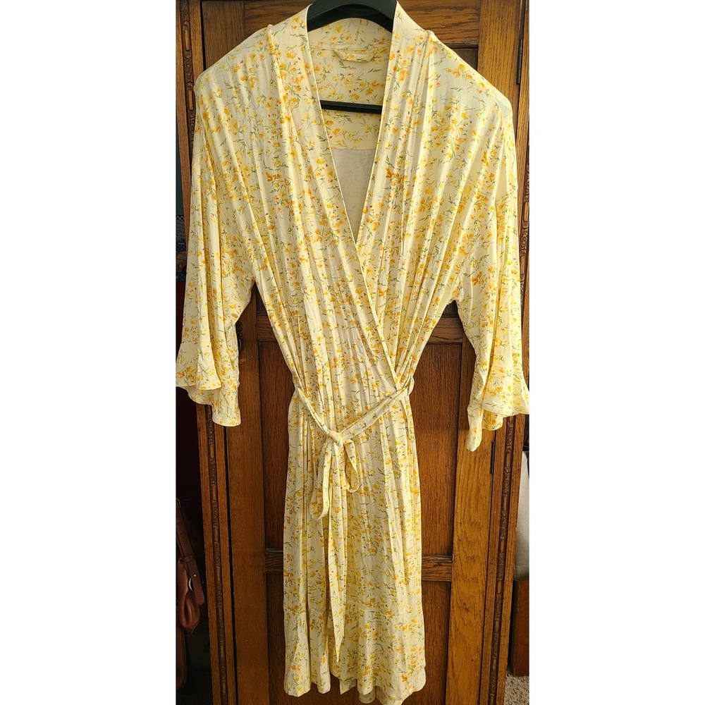 Soft Surroundings Yellow Floral Blissful Bamboo Robe Ruffle Sleeve 2EH14 Large